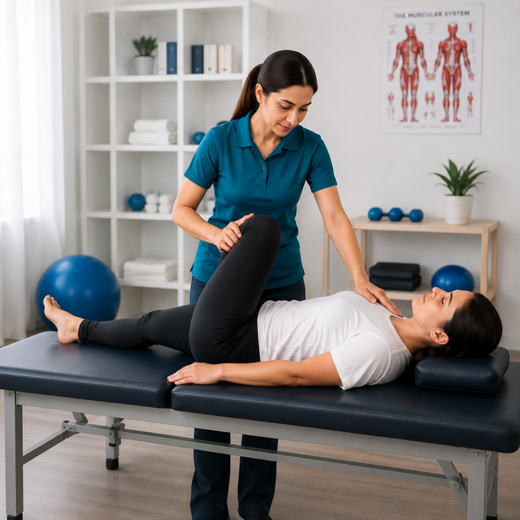 Physiotherapist guiding a leg stretch for a patient lying on a treatment table