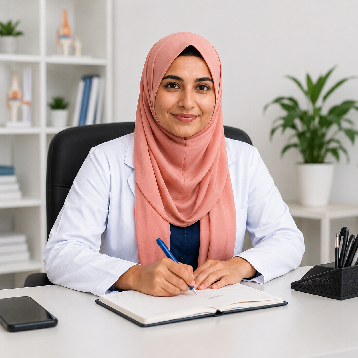 Physiotherapist in a white coat sitting at a clinic desk taking notes