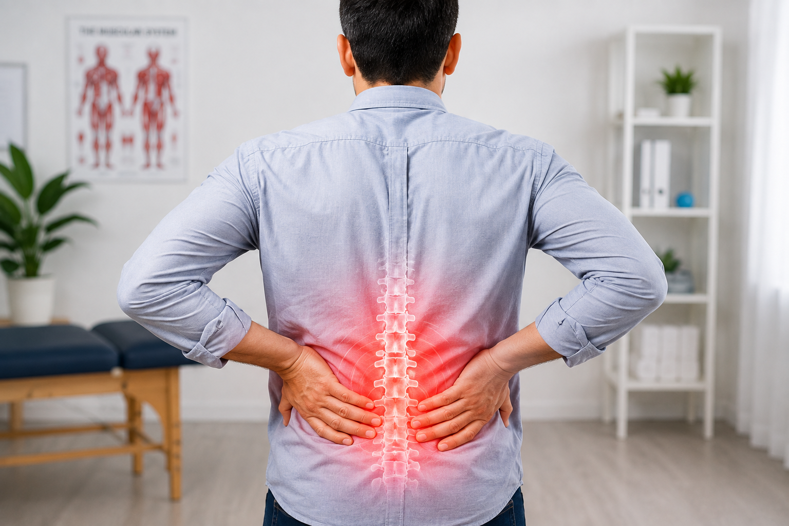 Man standing with his hands on his lower back, the painful area highlighted in red