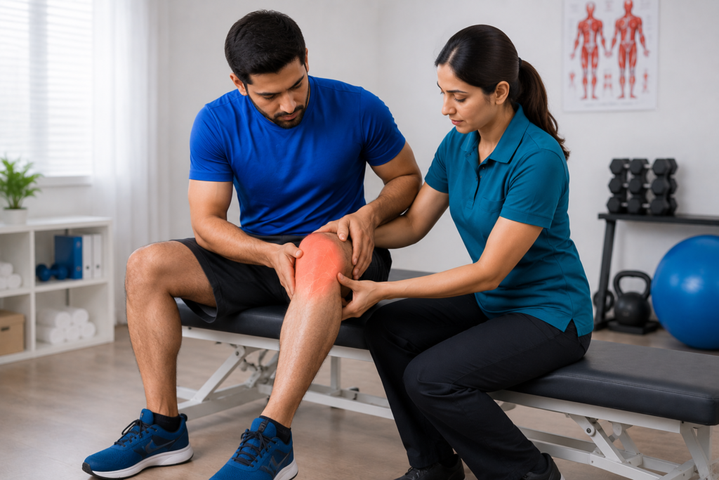 Physiotherapist examining a seated mans knee, the joint highlighted in red