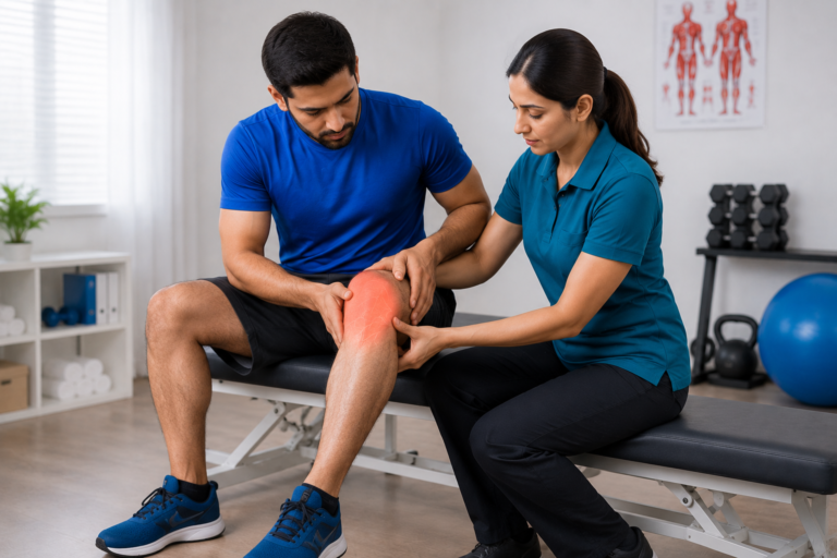 Physiotherapist examining a seated mans knee, the joint highlighted in red