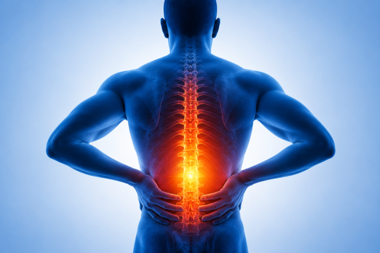 Medical illustration of a human spine with the lower back highlighted in red