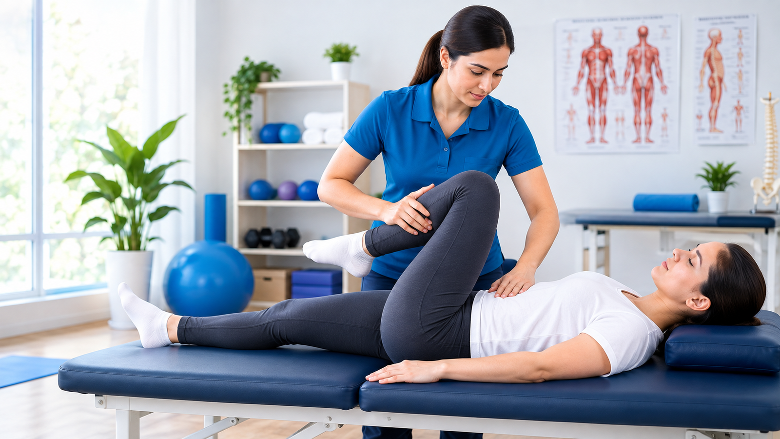 Physiotherapist guiding a leg stretch for a patient on a treatment table in a bright clinic